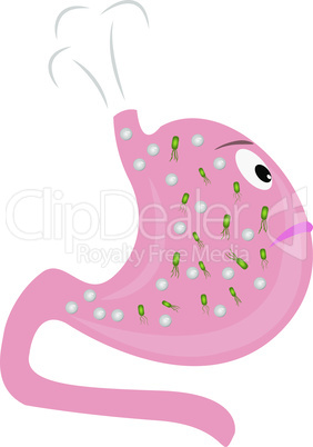 A Stomach with excess gas and Helicobacter pylori. Cartoon style