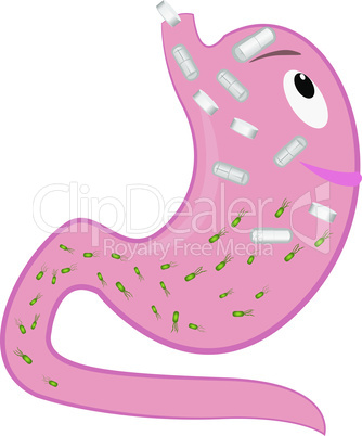 A Stomack taking medicines and  Helicobacter pylori leaving.