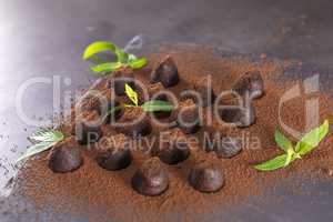 Homemade chocolate truffles with mint sprinkled with cocoa powde