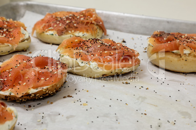 Smoked salmon lox and cream cheese on a bagel