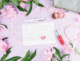 blank pink page,  bouquet of peonies