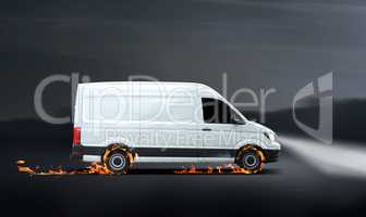 Fast delivery van with burning tires