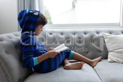 Boy reading a book on a sofa in living room