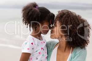 Mother and daughter rubbing noses at beach on a sunny day
