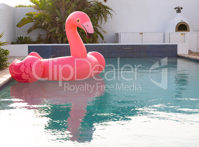 Pink flamingo bird shape inflatable tube floating in a swimming pool