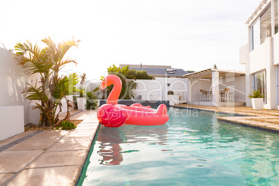 Pink flamingo bird shape inflatable tube floating in a swimming pool in backyard