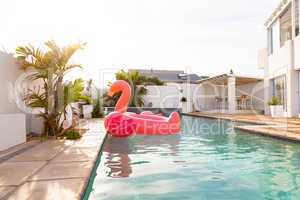 Pink flamingo bird shape inflatable tube floating in a swimming pool in backyard