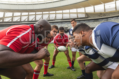Male rugby players ready to play rugby match in stadium