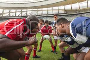 Male rugby players ready to play rugby match in stadium