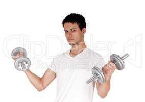 Close up of a young man exercising with two dumbbells