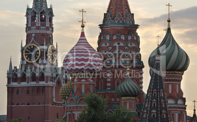 Moscow Russia View on Kremlin Towers and St  Basil Cathedral.