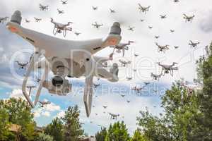 Dozens of Drones Swarm in the Cloudy Sky