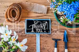 Spring Flowers, Sign, Calligraphy Thank You, Wooden Background