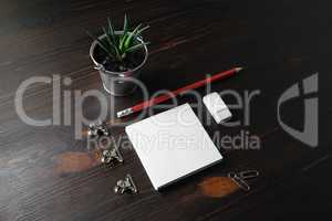 Notes, pencil, eraser, plant