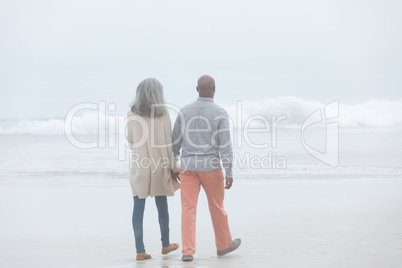 Couple holding hands while walking by the beach