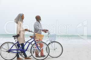 Couple holding bicycles by the beach
