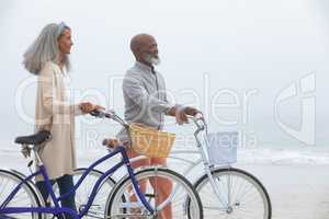 Couple smiling while holding bicycles at the beach
