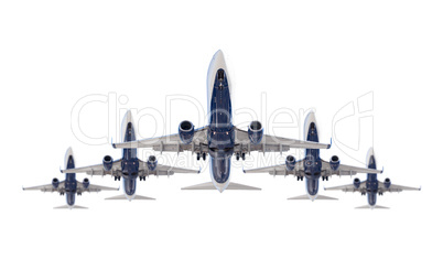 Five Passenger Airplanes In Formation Isolated on a White Backgr