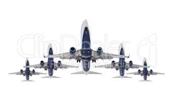 Five Passenger Airplanes In Formation Isolated on a White Backgr