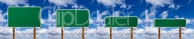 Set of Different Sized Blank Green Road Signs Over Clouds and Bl