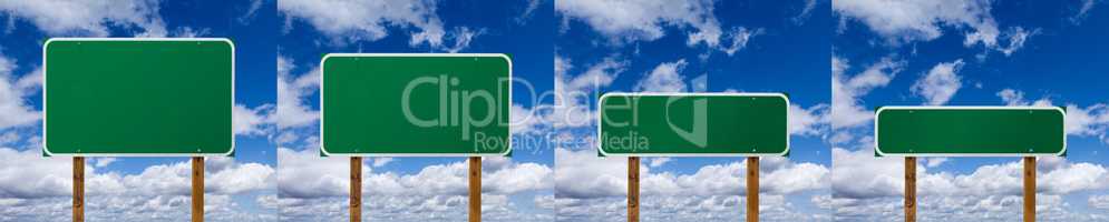 Set of Different Sized Blank Green Road Signs Over Clouds and Bl