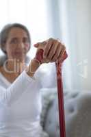Woman sitting on couch while holding a brown walking stick