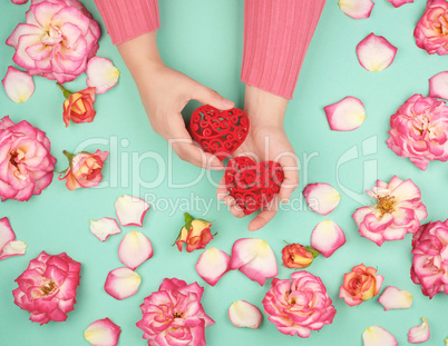 two female hands hold red hearts , green  background