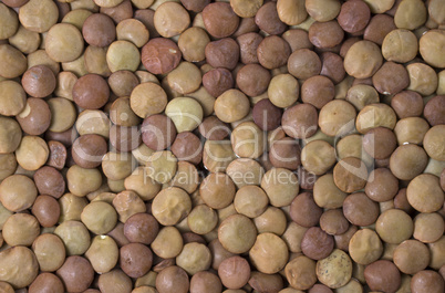 Dry organic brown lentils as background, top view.