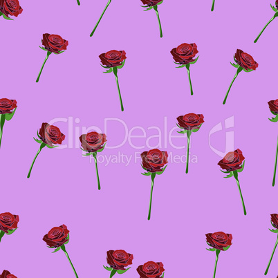 Red rose wide buttons on the stem vector seamless pattern on a pink background.