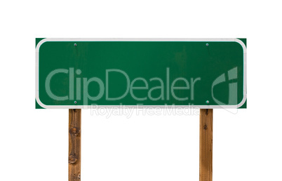 Blank Green Road Sign with Wooden Posts Isolated on a White Back
