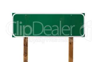 Blank Green Road Sign with Wooden Posts Isolated on a White Back
