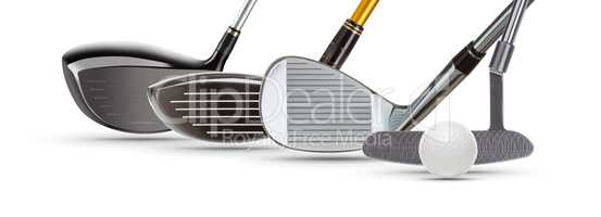 Golf Driver Woods, Iron Wedge, Putter and Ball on White Backgrou