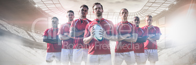 Composite image of diverse rugby players on field