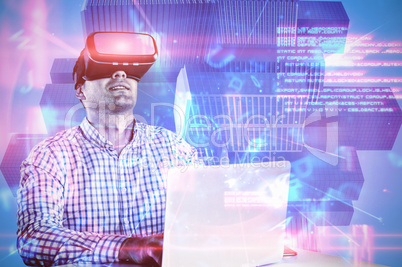 Composite image of male use virtual reality headset with computer