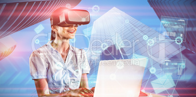Composite image of female use virtual reality headset on computer