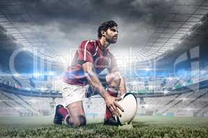 Composite image of caucasian male rugby player on field