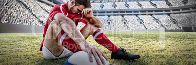 Composite image of caucasian male rugby player on field