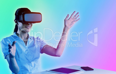 Composite image of female use virtual reality headset