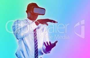 Composite image of male playing virtual reality headset