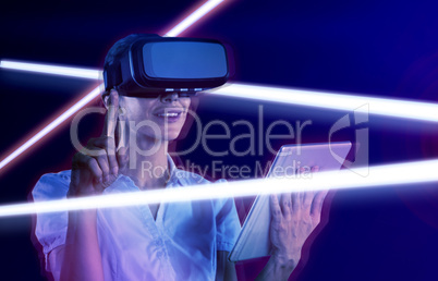 Composite image of female uses virtual reality headset