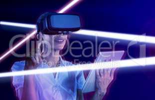 Composite image of female uses virtual reality headset