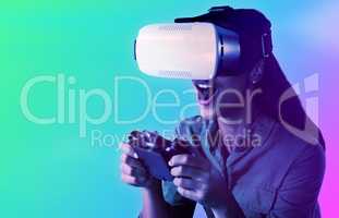 Composite image of woman playing video game with virtual reality headset