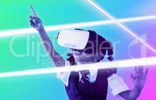 Composite image of school girl pointing while using virtual reality headset