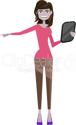 Cute girl in a flat style pointing and holding tablet in the hand. Vector illustration