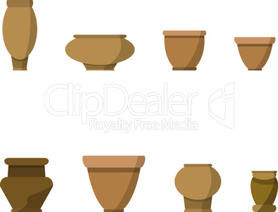 Vector set of isolated brown flat flower pot on white background. Good for cartoon decoration