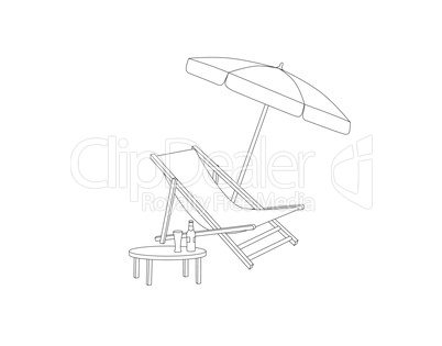 Chaise longue, table, parasol isolated. Deckchair outline drawing. Deck chair, table, parasol- summer sunbath beach resort symbol of the holidays