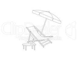 Chaise longue, table, parasol isolated. Deckchair outline drawing. Deck chair, table, parasol- summer sunbath beach resort symbol of the holidays