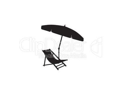 Deckchair umbrella summer beach holiday symbol silhouette icon. Chaise longue, parasol isolated. Sunbath beach resort symbol of the holidays