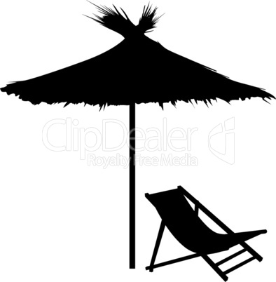 Deckchair umbrella summer beach holiday symbol silhouette icon. Chaise longue, parasol isolated. Sunbath beach resort symbol of the holidays