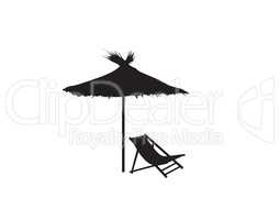 Deckchair umbrella summer beach holiday symbol silhouette icon. Chaise longue, parasol isolated. Sunbath beach resort symbol of the holidays